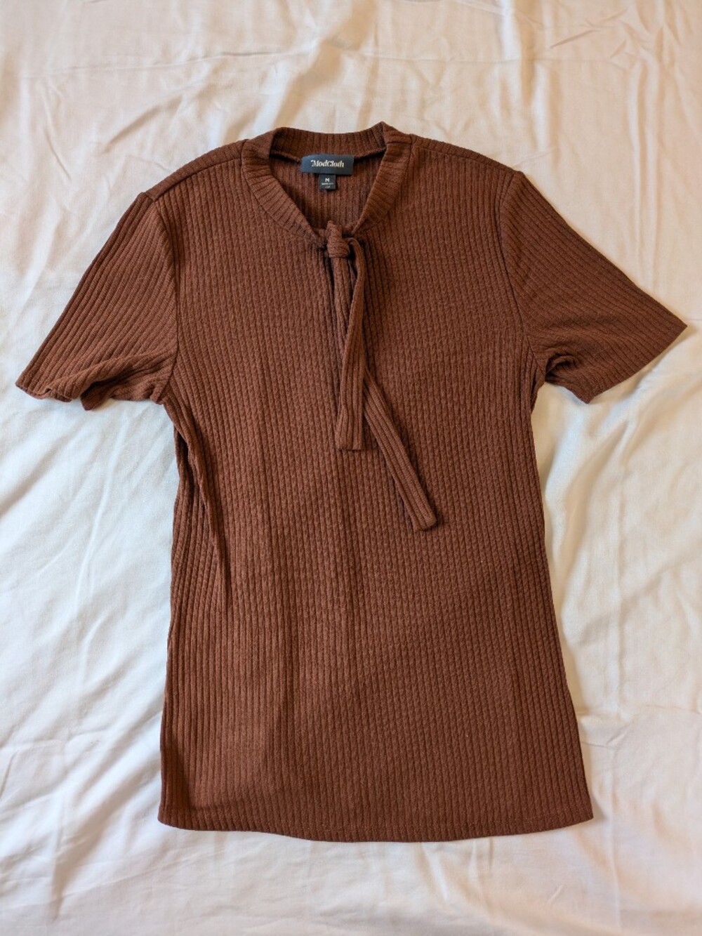 Modcloth Brown Ribbed Short-Sleeve Tie-Neck Shirt